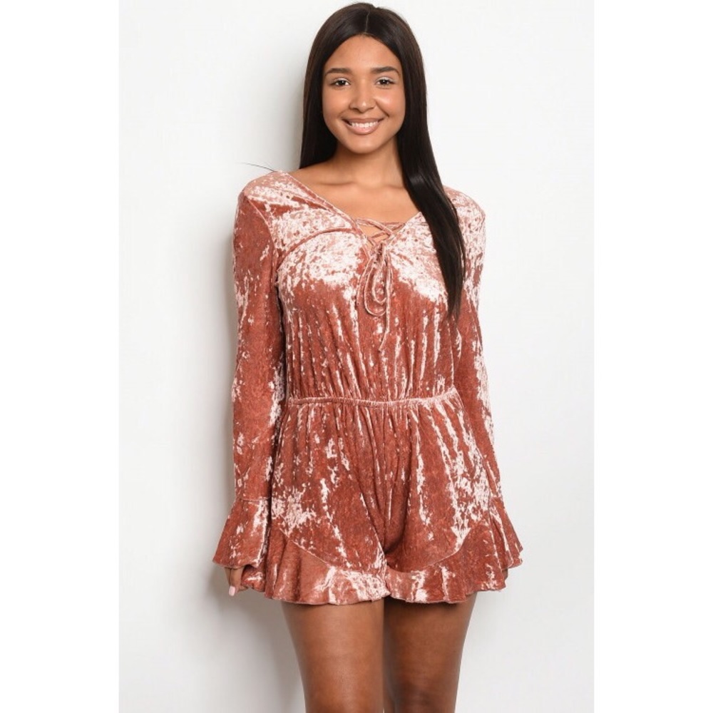 LAST‎ ONE💖 Blush Pink Crushed Velvet Laceup Romper